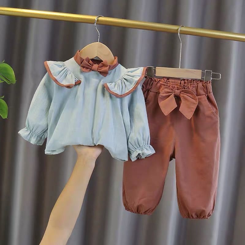 薄款网红女童春装衬衫套装2022新款女宝宝两件套中小儿童女孩衣服