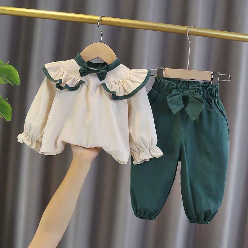 薄款網紅女童春裝襯衫套裝2022新款女寶寶兩件套中小兒童女孩衣服