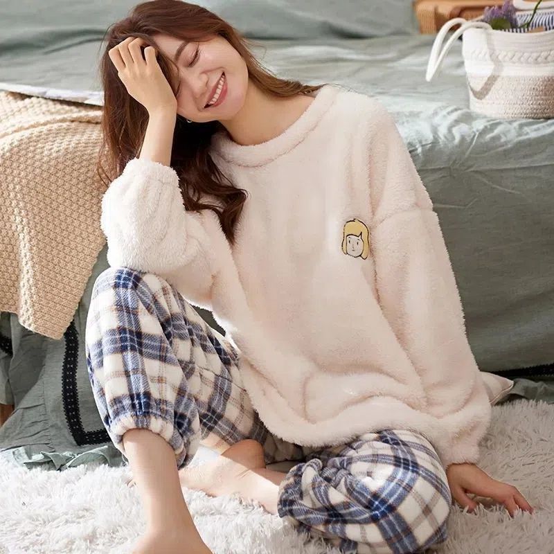 睡衣女秋冬季珊瑚絨加厚加絨法蘭絨保暖套頭冬天可外穿家居服套裝