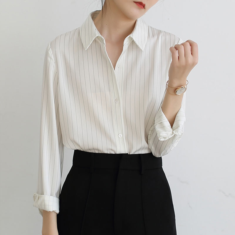 豎條紋襯衫女春秋季新款簡約風通勤打底衫小西服內襯上衣長袖襯衣
