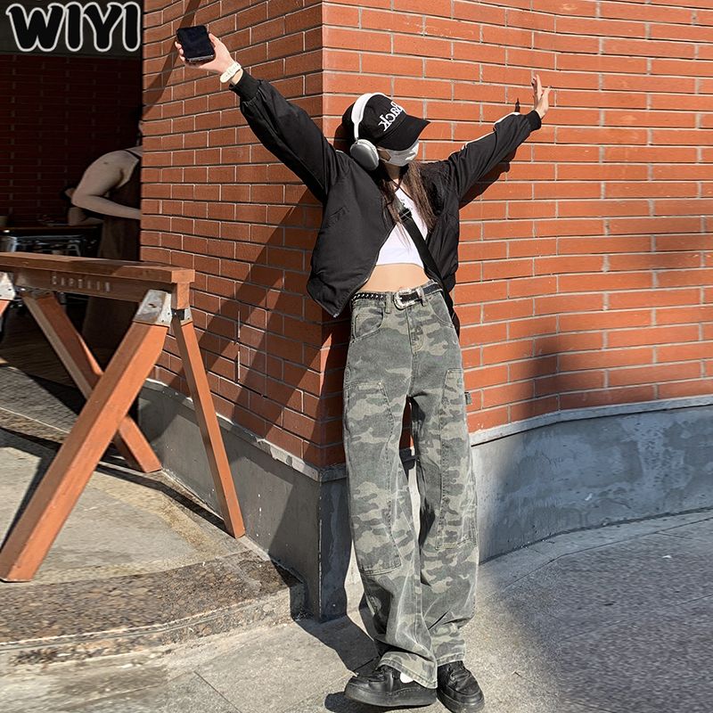 WIYI 美式嘻哈迷彩工裝牛仔褲女秋冬新款高街高腰寬鬆闊腿拖地褲