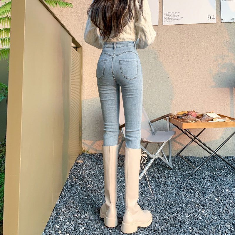 New high-waisted skinny jeans for women, Korean version, versatile, slimming, tall, design, elastic pencil pants, light color