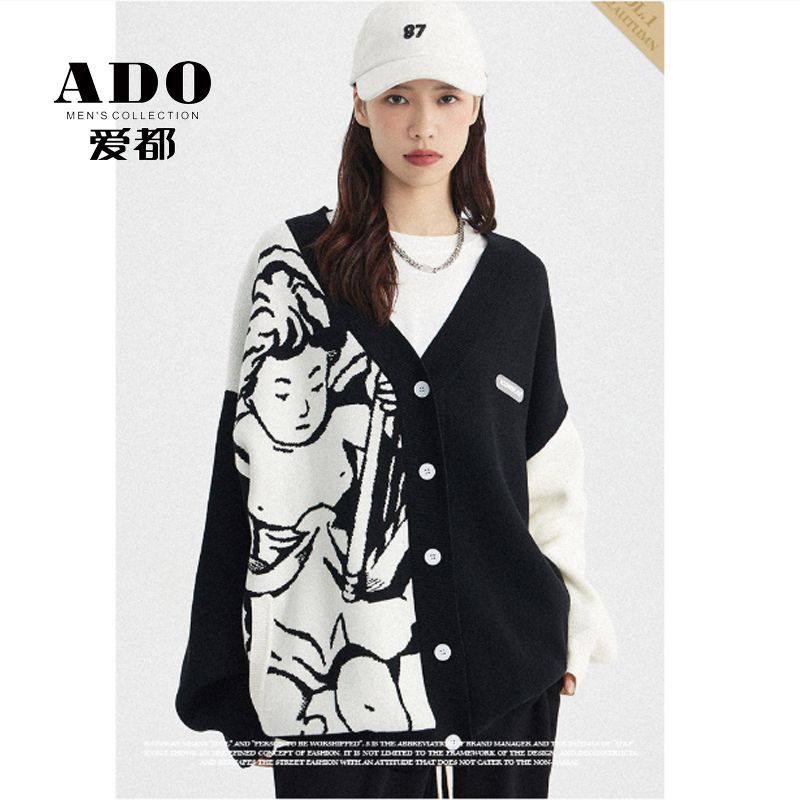 ADO loves little angel jacquard stitching knitted cardigan men and women ins tide brand loose couple sweater bf top