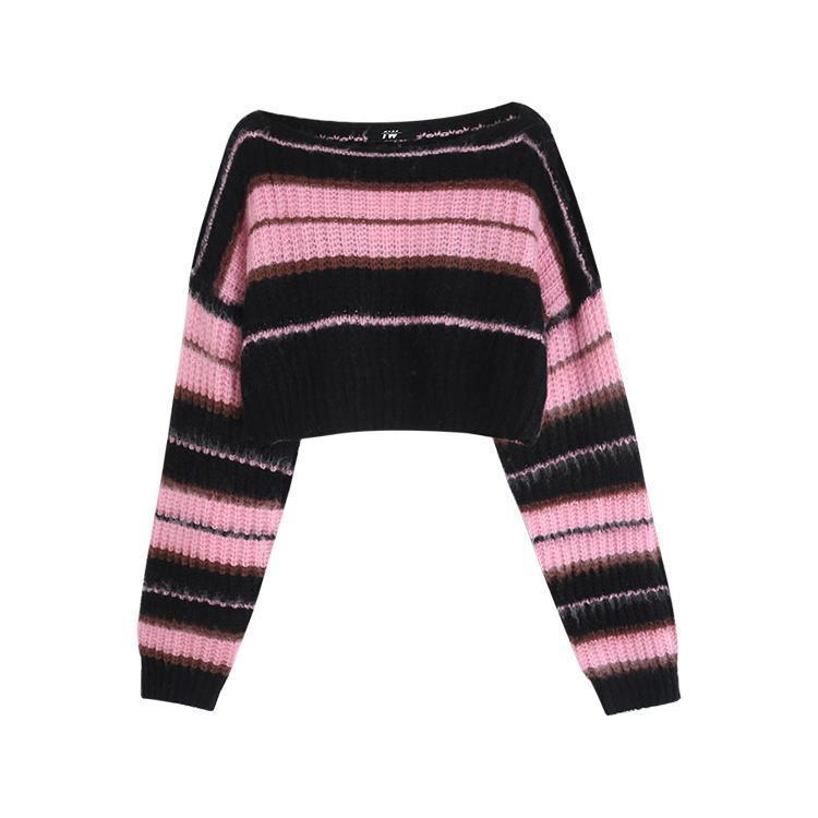 Black and pink striped one-shoulder sweater women's  spring and autumn new short strapless hot girl chic design top