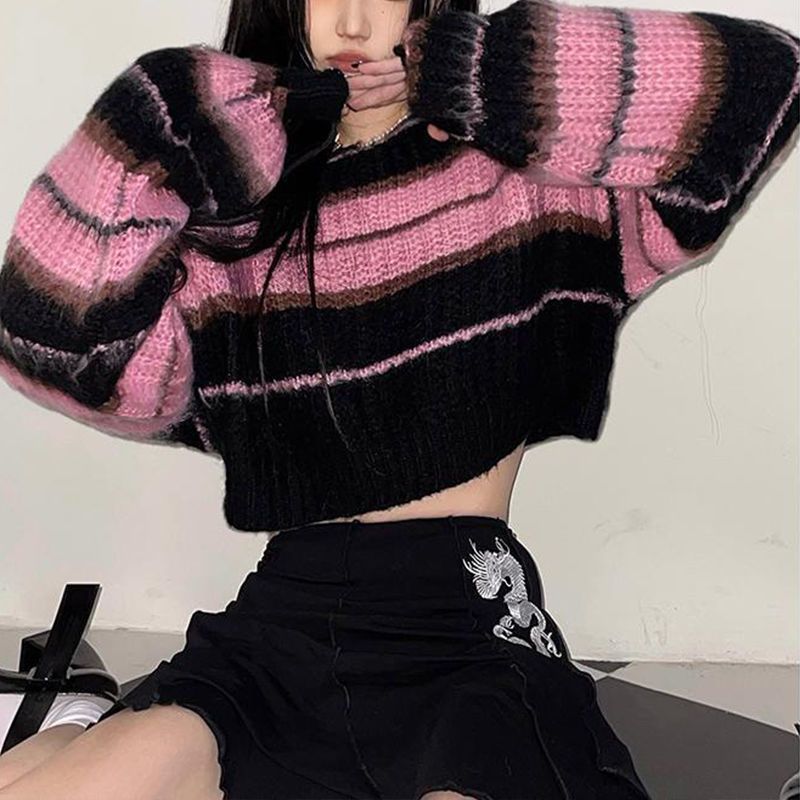 Black and pink striped one-shoulder sweater women's  spring and autumn new short strapless hot girl chic design top