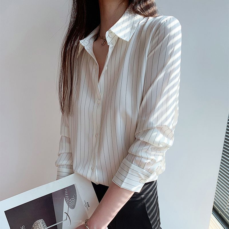 條紋襯衫女春秋新款輕奢感氣質打底衫長袖POLO領西服內襯上衣襯衣