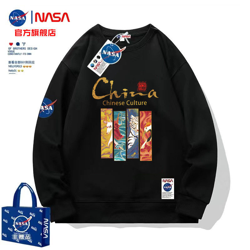 NASA官方聯名新款純棉衛衣男秋季寬鬆國潮圓領套頭上衣外套長袖T
