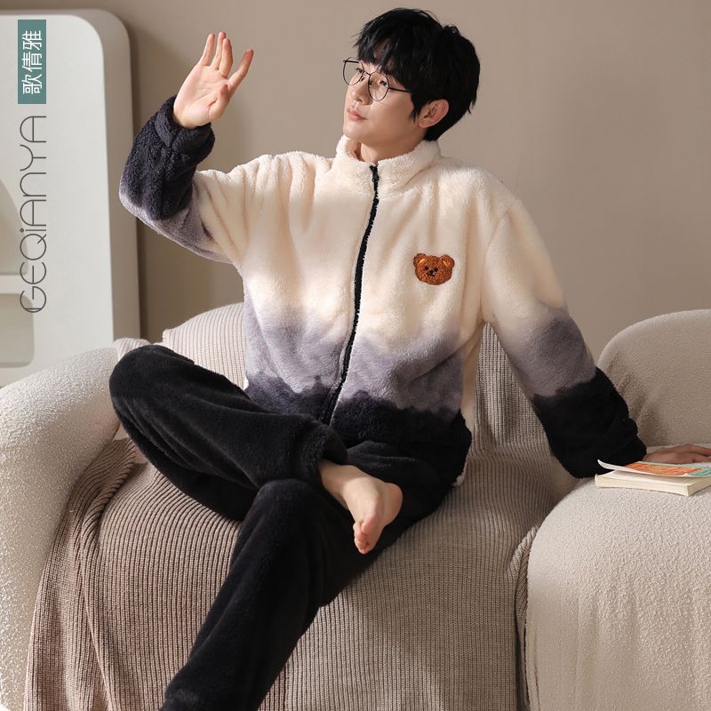 Coral fleece pajamas men plus velvet winter style thickened cartoon stand collar zipper flannel winter boys homewear suit