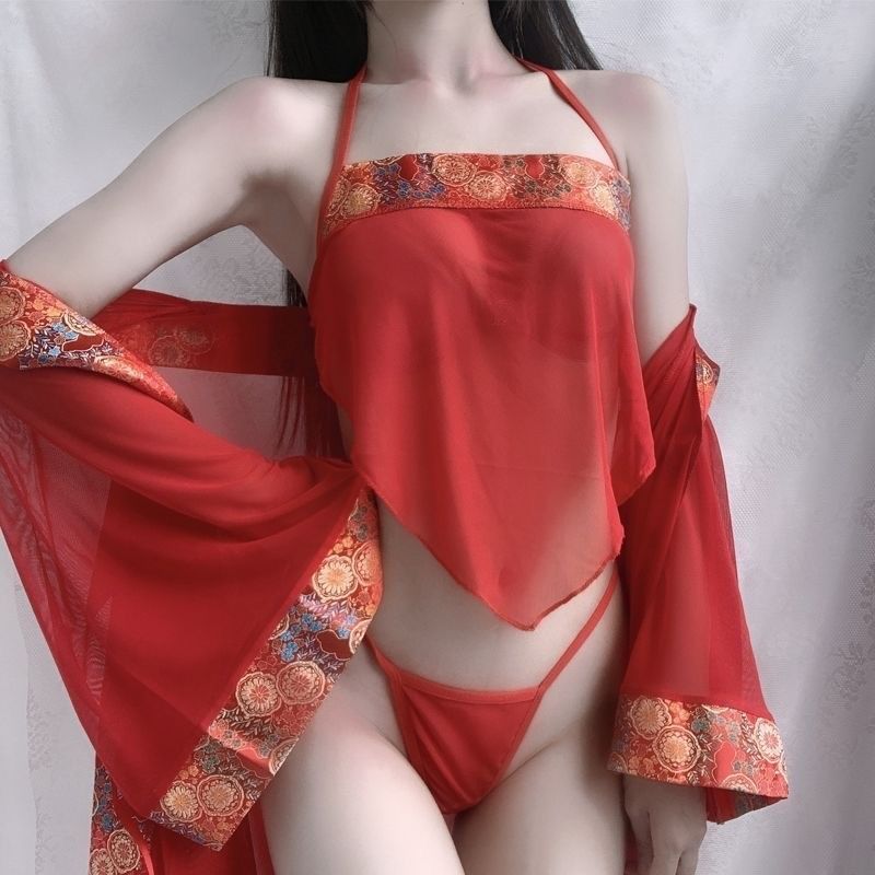 New style ancient costume large size Hanfu temptation suit pajamas female sense ancient apron uniform chiffon yarn transparent nightdress
