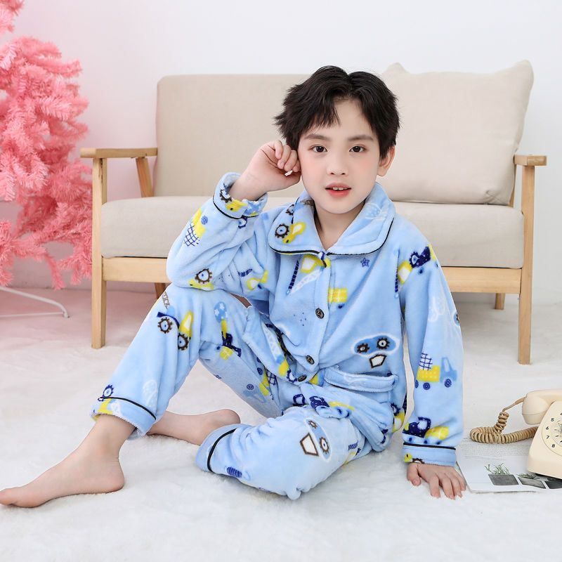 Autumn and winter children's flannel pajamas boys and girls long-sleeved coral fleece middle and big children plus fleece cardigan home service suit