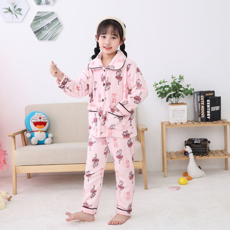Autumn and winter children's flannel pajamas boys and girls long-sleeved coral fleece middle and big children plus fleece cardigan home service suit