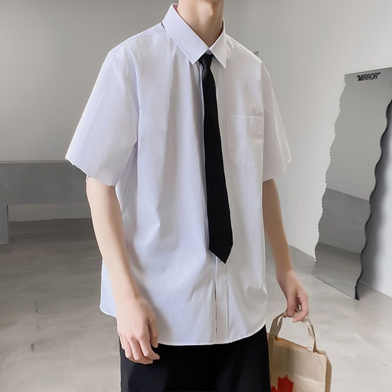 2023年新款DK纯色短袖衬衫男生学生学院风白色帅气衬衣上衣服男装