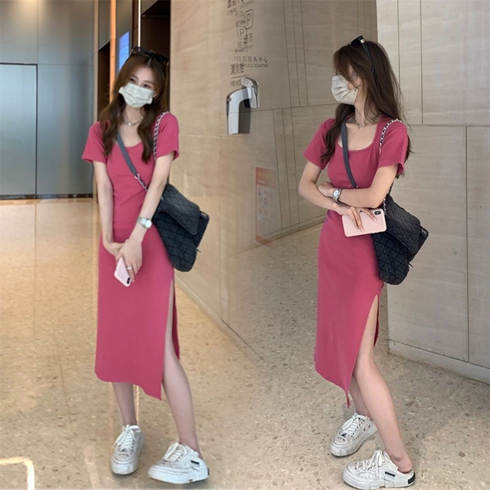 玫紅色方領包臀開叉連衣裙女秋季純欲甜辣妹收腰顯瘦長裙打底裙子