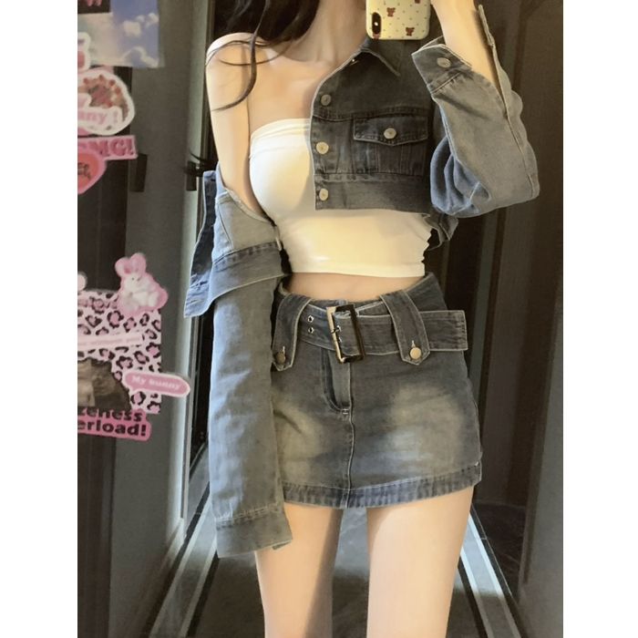 【兩件套裝】美式復古辣妹設計感短款牛仔外套女+高腰牛仔半身裙
