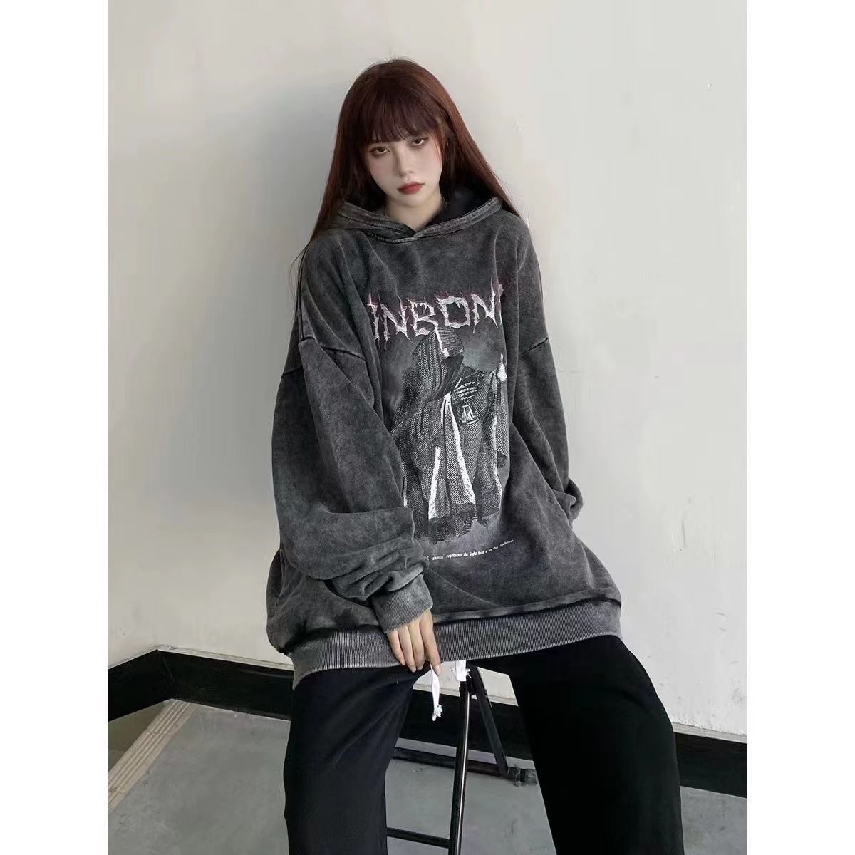 100%純棉美式復古暗黑水洗做舊hiphop寬鬆連帽衛衣男女加絨加厚秋