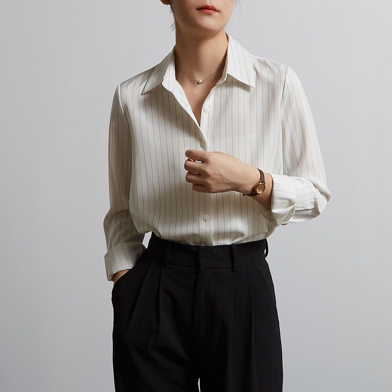 條紋襯衫女春秋款韓范百搭通勤上衣新款長袖POLO領寬鬆打底衫襯衣