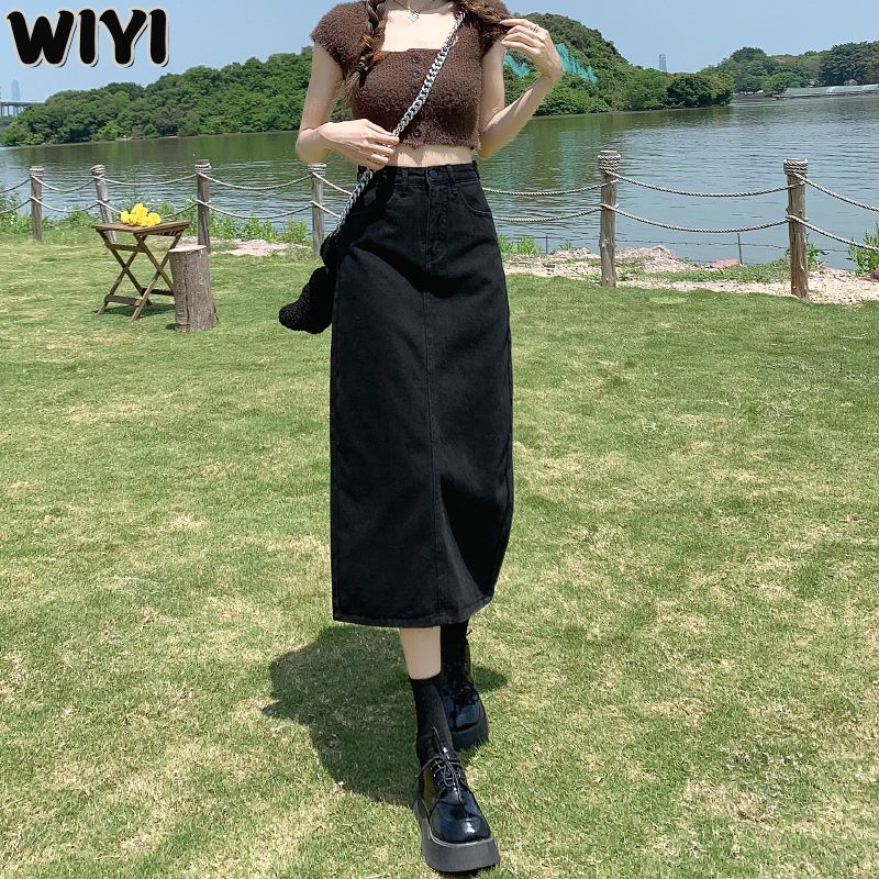 WIYI 黑色開叉牛仔半身裙女秋冬新款可調節高腰a字長裙包臀中長裙