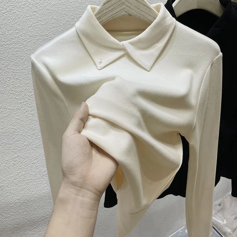 polo領磨毛雙面德絨打底衫女秋冬新款洋氣內搭加絨加厚遮肉上衣潮