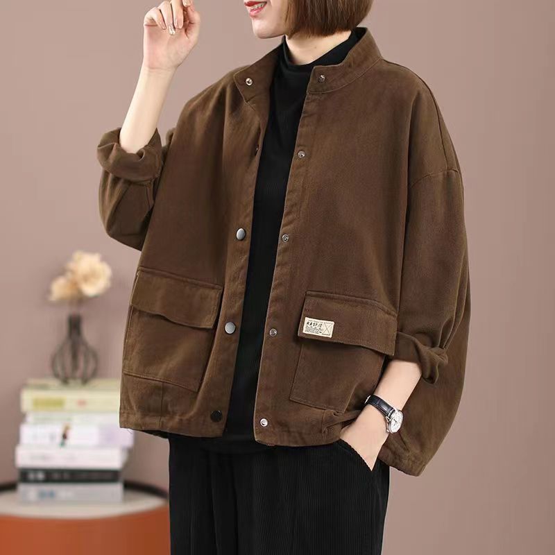 Pure cotton stand collar workwear women's casual jacket  new spring, autumn and winter loose large size short cardigan jacket