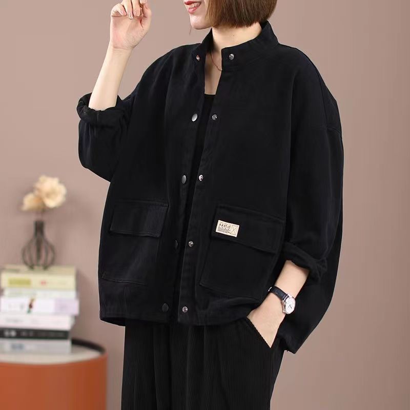 Pure cotton stand collar workwear women's casual jacket  new spring, autumn and winter loose large size short cardigan jacket