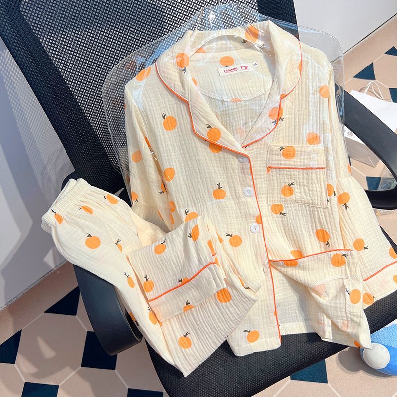 Baby mesh pajamas autumn long-sleeved thin section soft feeling ins style sweet orange student home service two-piece set