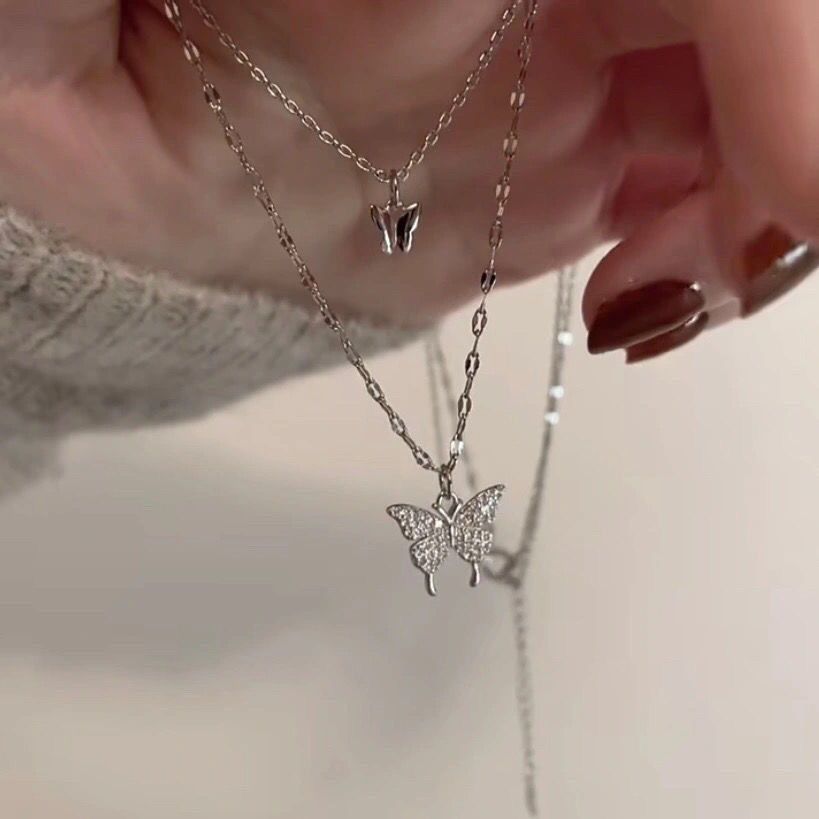 The new flash diamond double-layer butterfly pendant collarbone chain female niche light luxury all-match necklace fashion design sense new