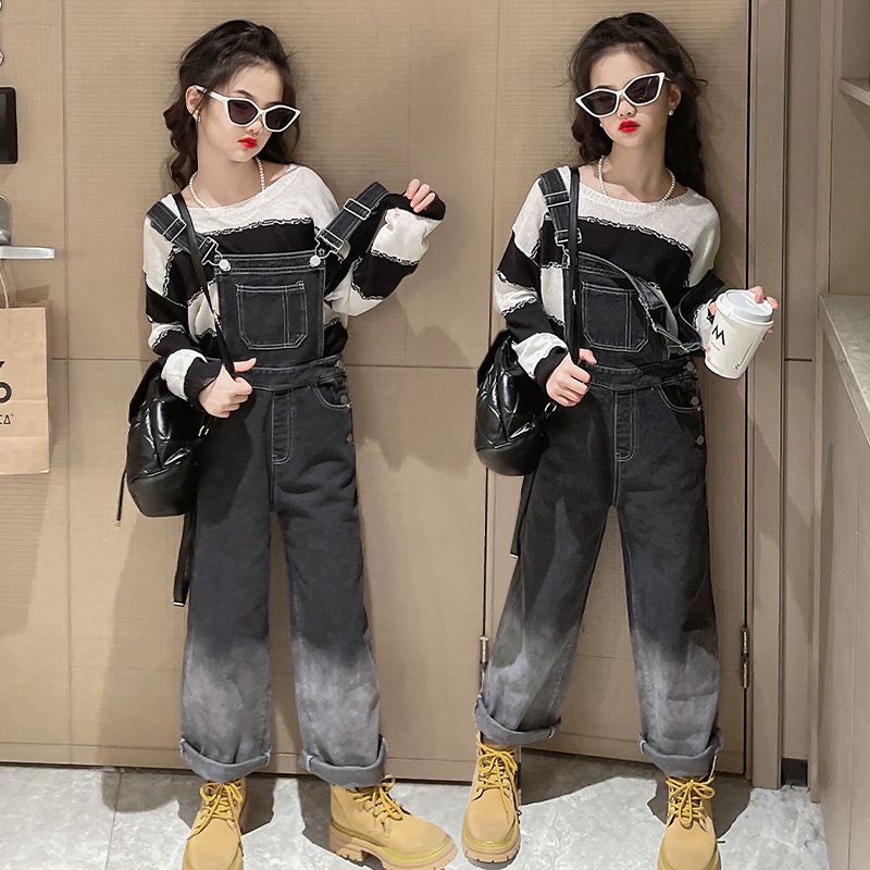 女童春裝牛仔背帶褲套裝兒童漸變褲2023新款洋氣中大童寬鬆吊帶褲