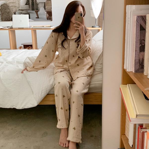 Bubble gauze cute bear head pajamas female spring and autumn long-sleeved trousers cartoon ins wind cardigan home service suit