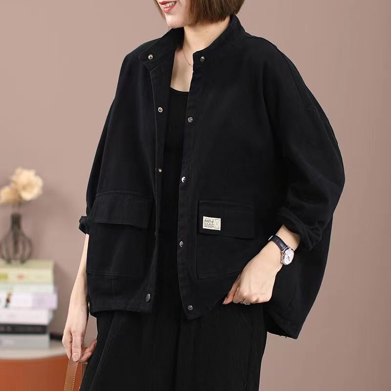 Pure cotton stand collar workwear women's casual jacket  new spring, autumn and winter loose large size short cardigan jacket