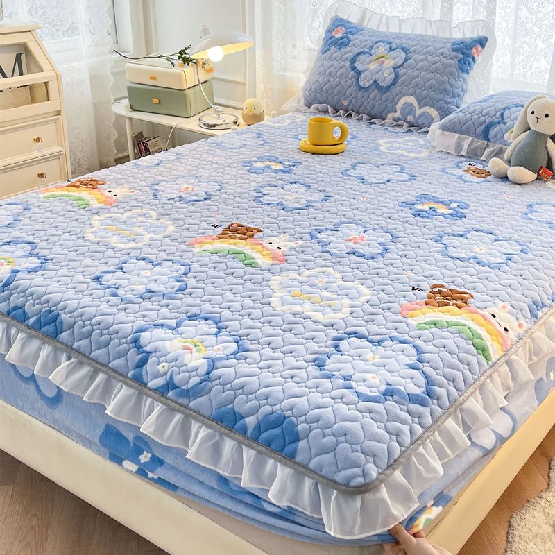 花边牛奶绒床罩三件套珊瑚绒床笠单件加厚夹棉床单防滑固定床垫套
