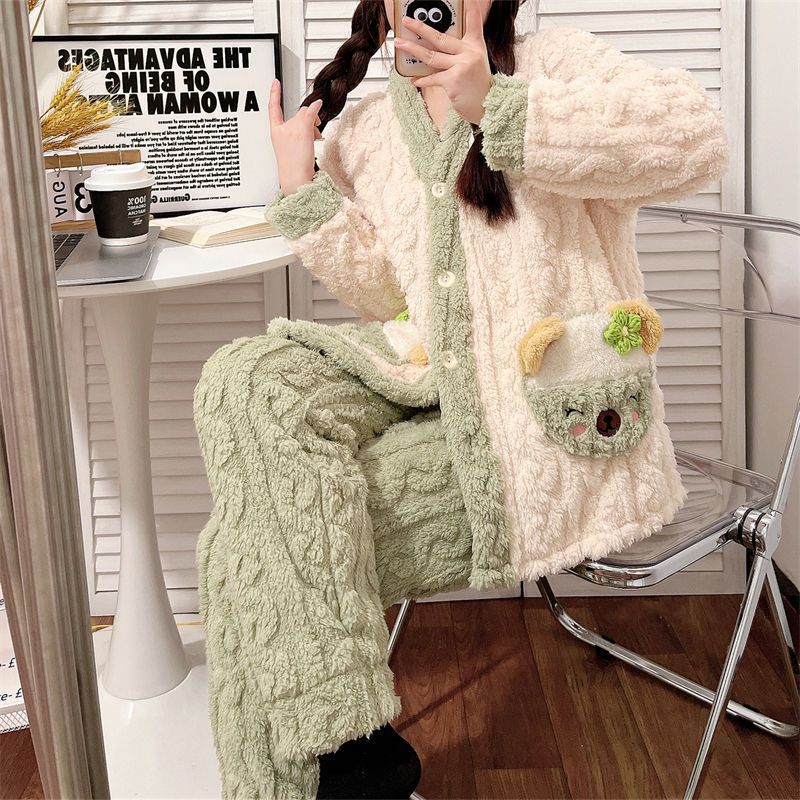 Coral fleece pajamas women's autumn and winter thickened plush flannel winter  new cute cartoon home clothes