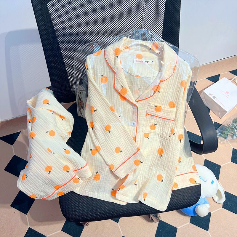 Baby mesh pajamas autumn long-sleeved thin section soft feeling ins style sweet orange student home service two-piece set