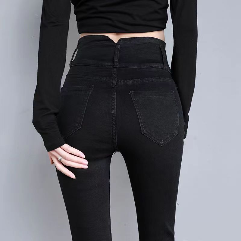 2023 plus velvet black jeans women's high waist warm tight skinny pants Korean version slim elastic pencil pants