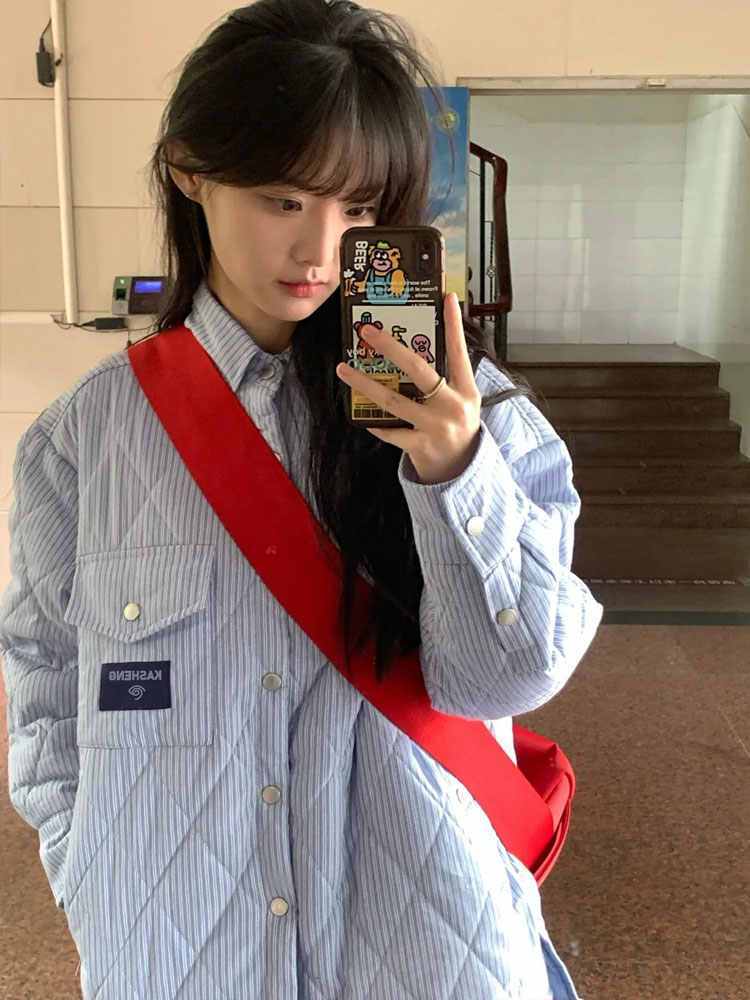 藍色菱形條紋襯衫棉服女冬季加復厚日系古設計感小侶棉眾情衣外套