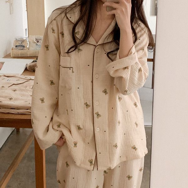 Bubble gauze cute bear head pajamas female spring and autumn long-sleeved trousers cartoon ins wind cardigan home service suit