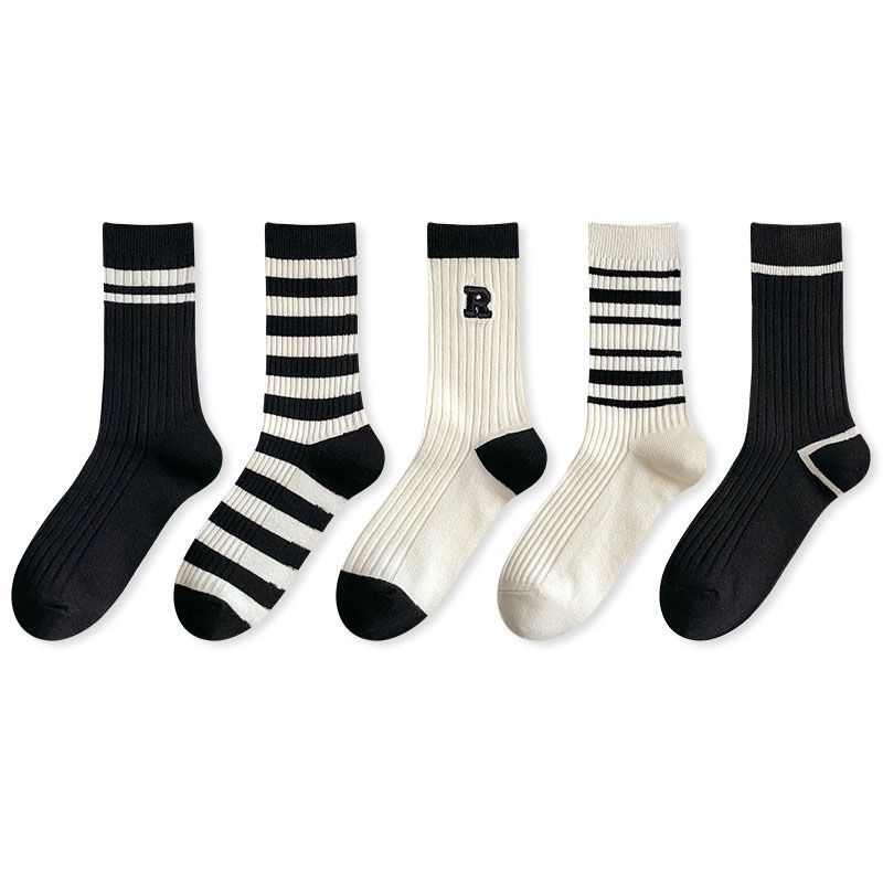 Simple black and white women's mid-tube socks ins trendy outerwear net red stripe letters autumn and winter stockings Korean sports socks for women