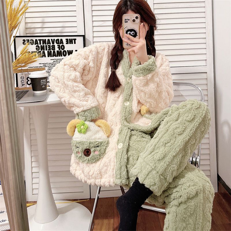 Coral fleece pajamas women's autumn and winter thickened plush flannel winter 2022 new cute cartoon home clothes