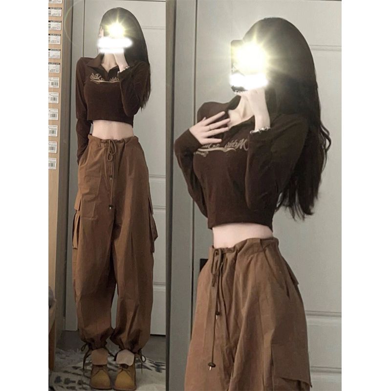 辣妹正肩復古長袖女秋季新款美式翻領字母印花T恤短款露臍上衣ins