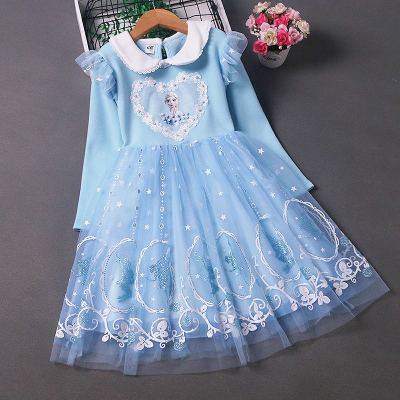 冰雪奇緣愛莎公主裙女童春秋裝新款裙子禮服兒童長袖藍色連衣裙