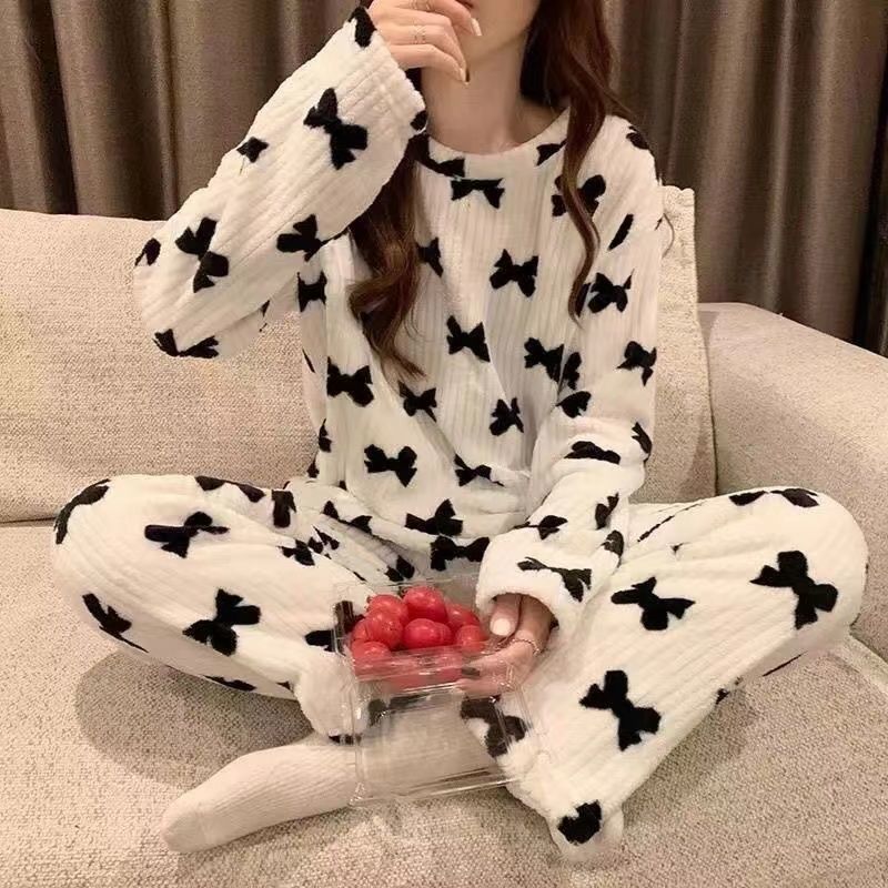 Autumn and winter flannel net red bow pajamas women's sweet ins round neck plus velvet thick home service outerwear suit