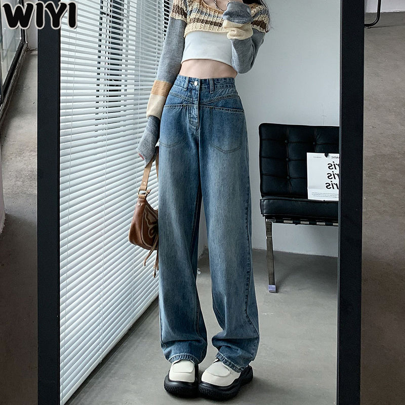 WIYI 辣妹設計感復古牛仔褲女秋冬新款高腰寬鬆直筒闊腿拖地褲子