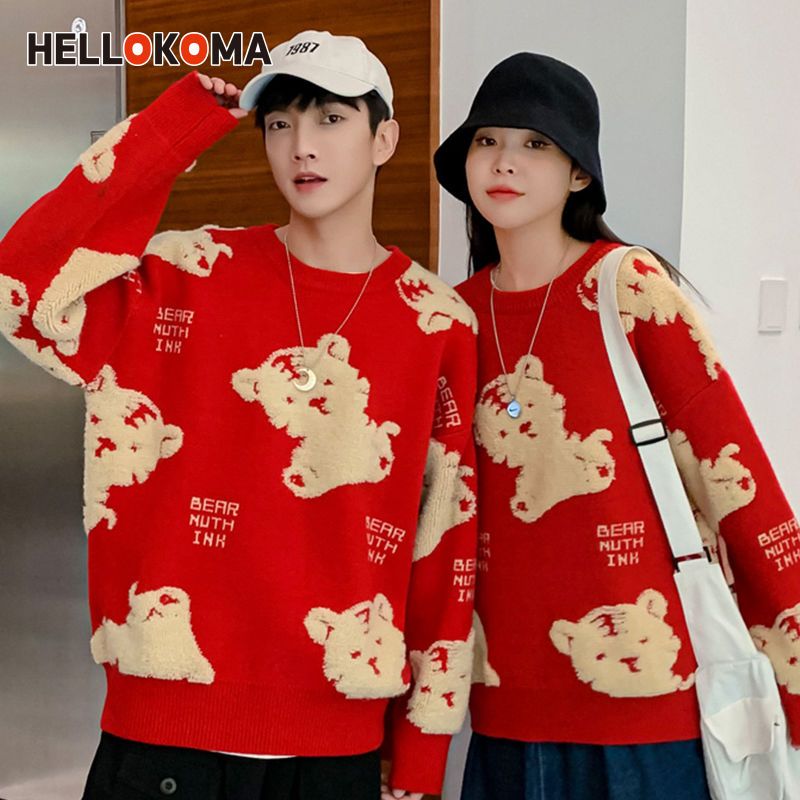 HK National Tide New Year Fashion Red Round Neck Sweater Men's Loose Couple Oversize Jacket Women's Autumn Outerwear