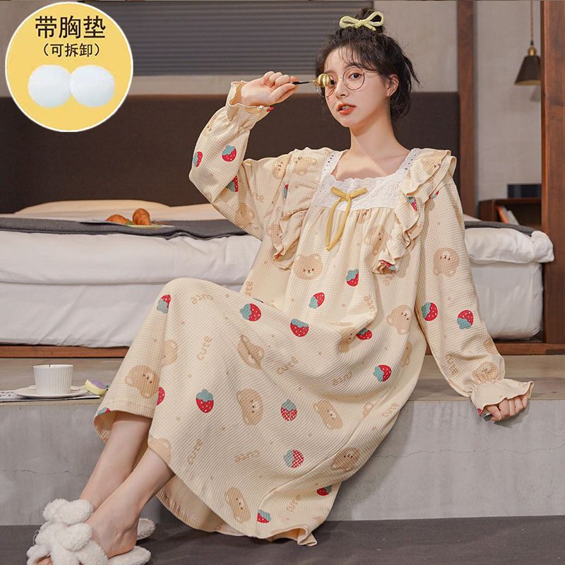 自帶胸墊睡裙女秋季長款過膝純棉法式公主風可愛大碼家居服可外穿