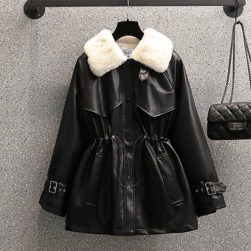 Plus size women's winter new style fat girl fashion temperament waist-cinching fur all-in-one motorcycle plus velvet leather jacket trendy