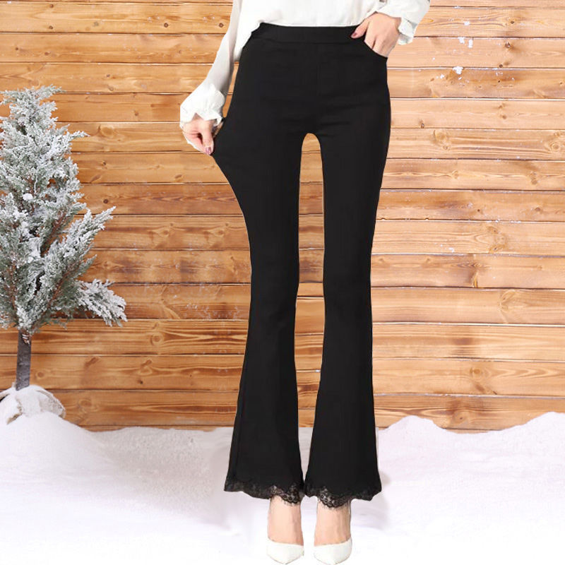 Autumn and winter plus velvet thickened new nine-point trousers women's high-waist elastic micro-flared wide-back trousers pocket slim-fit pants women