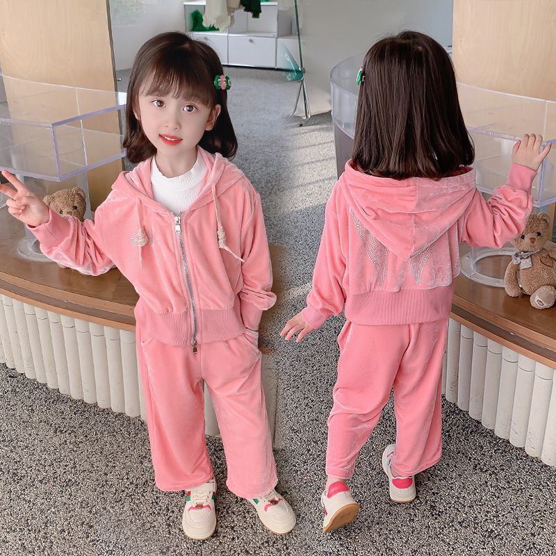 女童套装2023春装新款时尚洋气儿童运动女宝宝丝绒两件套时髦童装