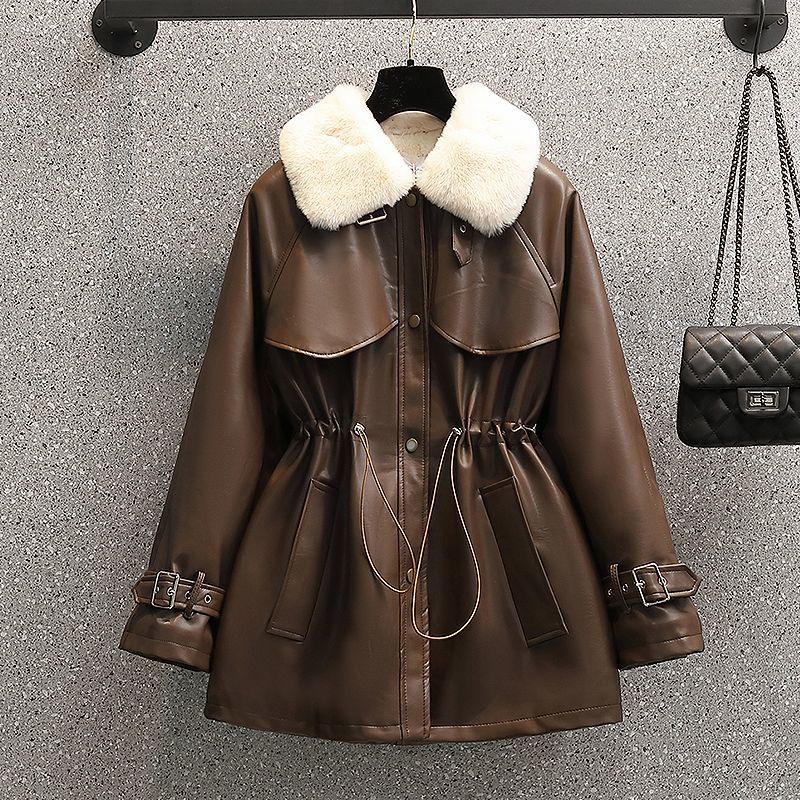 Plus size women's winter new style fat girl fashion temperament waist-cinching fur all-in-one motorcycle plus velvet leather jacket trendy