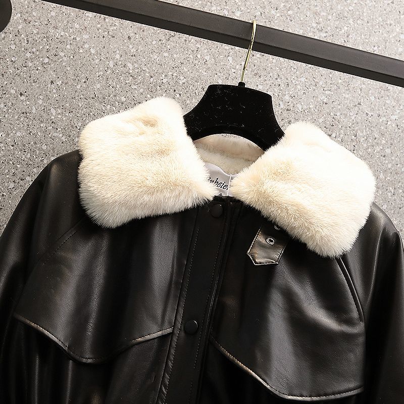 Plus size women's winter new style fat girl fashion temperament waist-cinching fur all-in-one motorcycle plus velvet leather jacket trendy