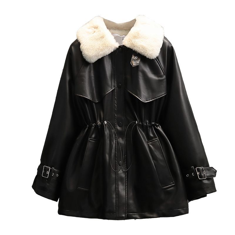 Plus size women's winter new style fat girl fashion temperament waist-cinching fur all-in-one motorcycle plus velvet leather jacket trendy