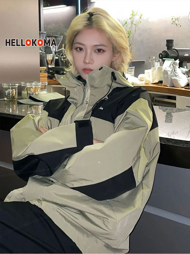 國潮oversize衝鋒衣外套女秋季夾克開衫男戶外露營登山服工裝風衣